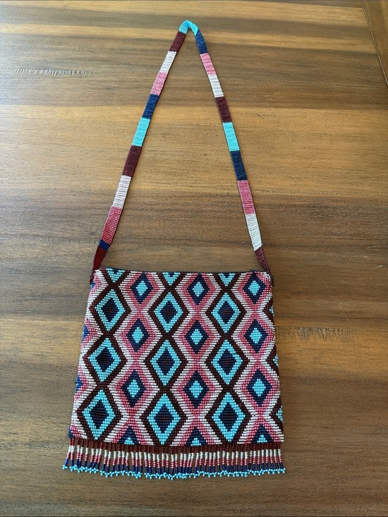Handbags - NWOT-Handcrafted Beaded Crossbody Bag - Pink & Turquoise Diamond Pattern